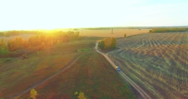 UHD 4K flygvy. Mid-air flygning över gul landsbygd och grusväg — Stockvideo