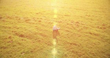 UHD 4k havadan görünümü. Defter pad ile yeşil çim sahasında oturan işadamı üzerinde düşük yörünge uçuş