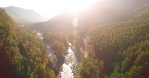 Mid air flygning över färska berg flod och äng på solig sommarmorgon. Landsbygdsvägen nedanför. — Stockvideo
