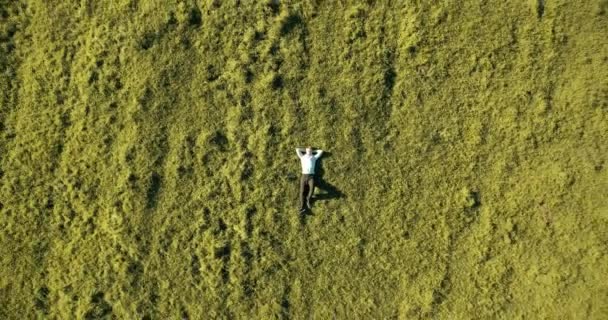 Vuelo en movimiento vertical sobre un hombre de negocios acostado en un prado verde fresco. Vista superior sobre el hombre relajante . — Vídeo de stock