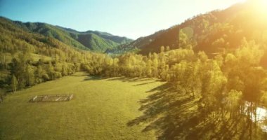 UHD 4k havadan görünümü. Düşük uçuş taze soğuk dağ nehir, çayır ve yola güneşli yaz sabahı.