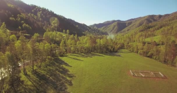 真夏の朝、新鮮な山の川や牧草地を上空で空中飛行します。下の未舗装道路. — ストック動画