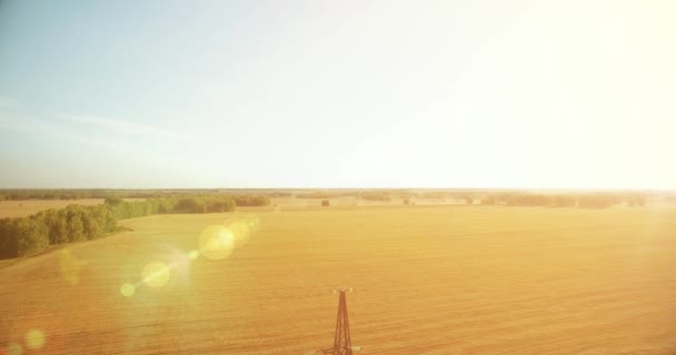 Voo de movimento vertical perto de torre de eletricidade de alta tensão e linhas de energia no campo verde e amarelo — Vídeo de Stock