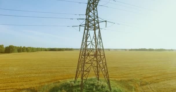 Vol vertical à proximité d'une tour électrique à haute tension et de lignes électriques au champ vert et jaune — Video