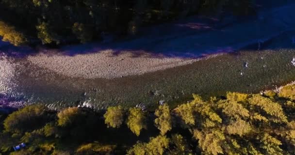 Środek lotu nad czystą górską rzeką w słoneczny letni poranek. Ruch pionowy — Wideo stockowe