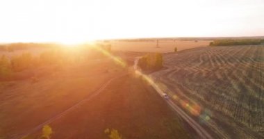 UHD 4K hava görüntüsü. Sarı kırsal alan ve toprak yol üzerinde orta-uçuş