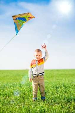 Genç çocuk onun uçurtma yeşil alan ile oynarken.