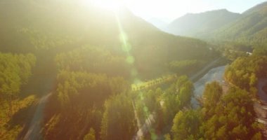 Güneşli yaz sabahında taze dağ nehri ve çayır üzerinde uçuşun ortasında. Aşağıdaki kırsal toprak yol.