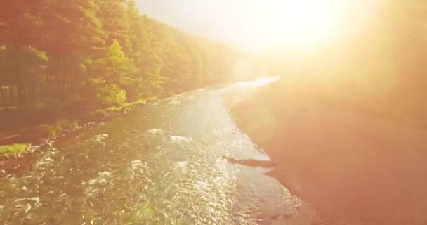 Vuelo en medio del aire sobre un río de montaña fresco y limpio en la soleada mañana de verano — Vídeos de Stock