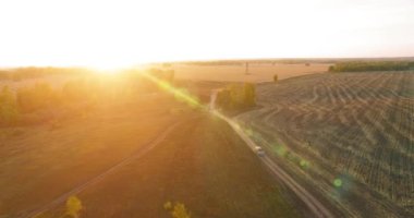 UHD 4K hava görüntüsü. Sarı kırsal alan ve toprak yol üzerinde orta-uçuş