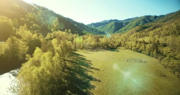 新鮮な山川と晴れた夏の朝に草原上空中飛行。田舎の未舗装の道路下. — ストック動画