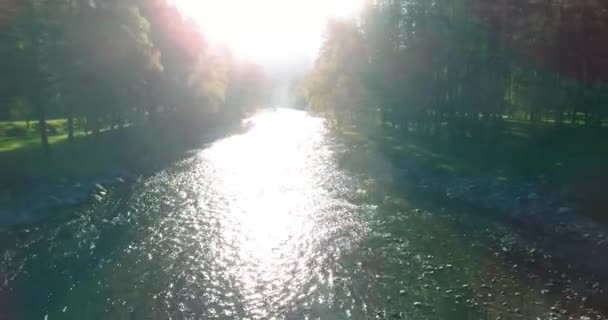 Vuelo en medio del aire sobre un río de montaña fresco y limpio en la soleada mañana de verano — Vídeos de Stock