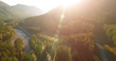 Güneşli yaz sabahında taze dağ nehri ve çayır üzerinde uçuşun ortasında. Aşağıdaki kırsal toprak yol.