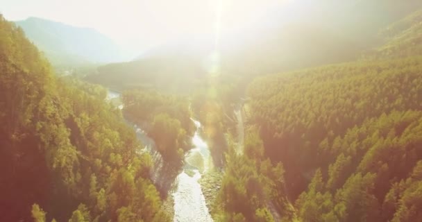 Vuelo en medio del aire sobre el río fresco de la montaña y el prado en la soleada mañana de verano. Camino de tierra rural abajo. — Vídeos de Stock