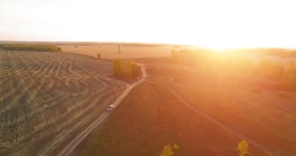 UHD 4K航空ビュー。黄色の田園地帯と未舗装の道路上の空中飛行 — ストック動画