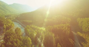 Güneşli yaz sabahında taze dağ nehri ve çayır üzerinde uçuşun ortasında. Aşağıdaki kırsal toprak yol.