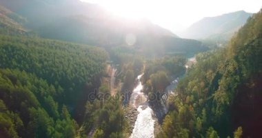 Güneşli yaz sabahında taze dağ nehri ve çayır üzerinde uçuşun ortasında. Aşağıdaki kırsal toprak yol.