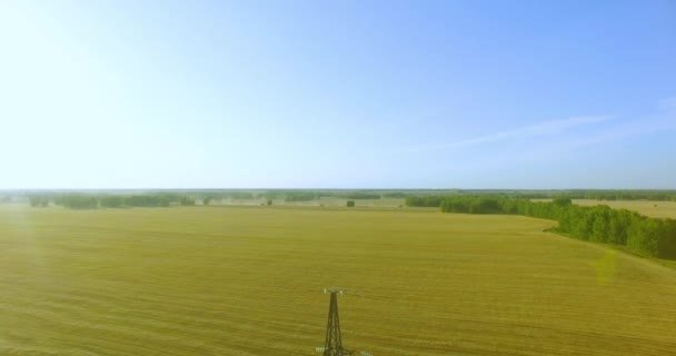 Вертикальный полет вблизи башни высокого напряжения и линий электропередач на зеленом и желтом полях — стоковое видео
