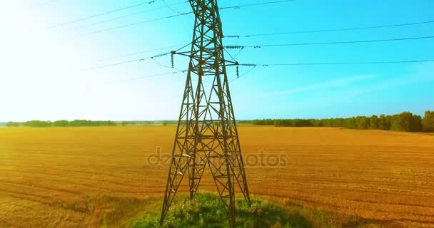 Vol vertical à proximité d'une tour électrique à haute tension et de lignes électriques au champ vert et jaune — Video