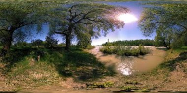 UHD 4K 360 VR Bir nehrin Sanal Gerçekliği güzel dağ ormanlarında kayaların üzerinden akıyor