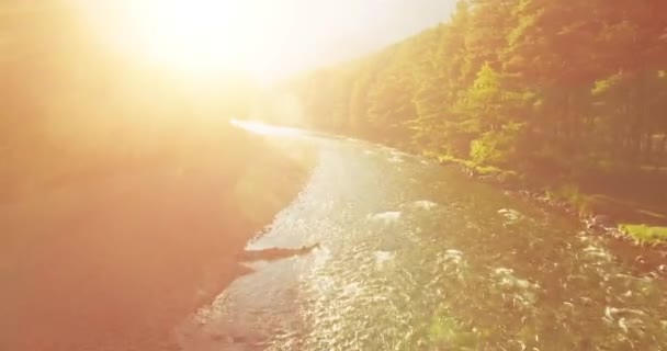 Vuelo en medio del aire sobre un río de montaña fresco y limpio en la soleada mañana de verano — Vídeos de Stock