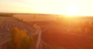 UHD 4K hava görüntüsü. Sarı kırsal alan ve toprak yol üzerinde orta-uçuş