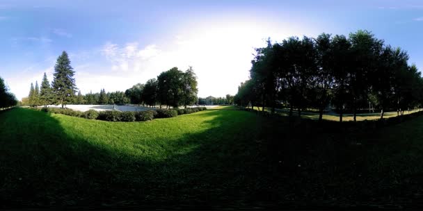 UHD 4K 360 VR Virtual Reality eines Erholungsgebietes im Stadtpark. Bäume und grünes Gras am Herbst- oder Sommertag — Stockvideo