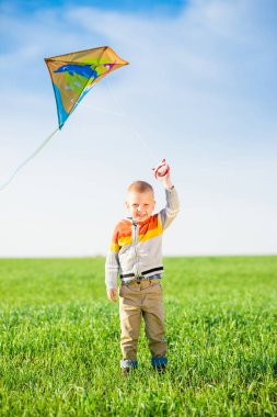 Genç çocuk onun uçurtma yeşil alan ile oynarken.