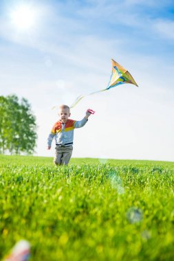 Genç çocuk onun uçurtma yeşil alan ile oynarken.