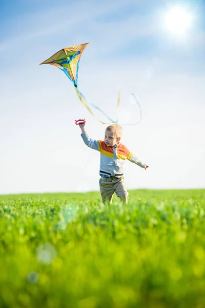 Niño jugando con su cometa en un campo verde . — Foto de Stock