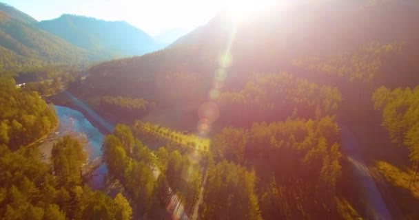 Vôo a meio do ar sobre o rio e o prado frescos da montanha na manhã ensolarada do verão. Estrada de terra rural abaixo. — Vídeo de Stock