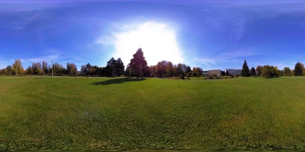 UHD 4K 360 VR Virtual Reality of a city park recreation area. Trees and green grass at autumn or summer day — Stock Video