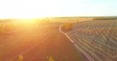 UHD 4K hava görüntüsü. Sarı kırsal alan ve toprak yol üzerinde orta-uçuş
