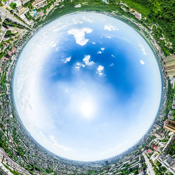 Aerial city view with crossroads and roads, houses, buildings, parks and parking lots. Sunny summer panoramic image — Stock Photo, Image