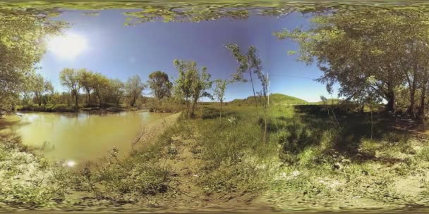 UHD 4K 360 VR 현실: 아름다운 산악 숲 풍경의 바위 위로 흐르는 강 가상 현실 — 비디오
