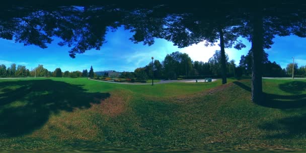 UHD 4K 360 VR Εικονική πραγματικότητα ενός χώρου αναψυχής του πάρκου της πόλης. Δέντρα και πράσινο γρασίδι το φθινόπωρο ή το καλοκαίρι — Αρχείο Βίντεο