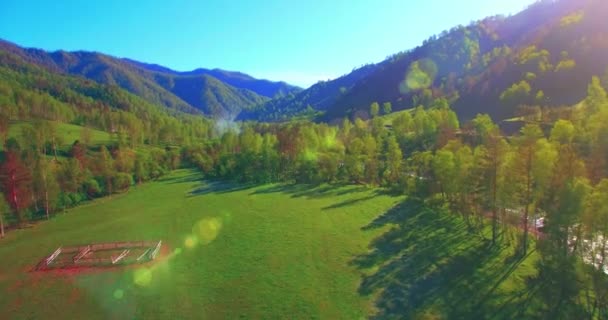 Mid air flight over fresh mountain river and meadow at sunny summer morning. Rural dirt road below. — Stock Video