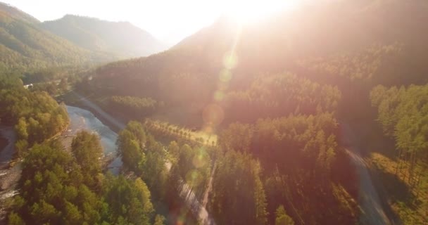 Vol en vol au-dessus d'une rivière de montagne fraîche et d'un pré au matin ensoleillé d'été. Chemin de terre rural en dessous. — Video