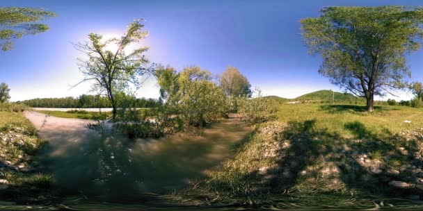 UHD 4K 360 VR Bir nehrin Sanal Gerçekliği güzel dağ ormanlarında kayaların üzerinden akıyor — Stok video