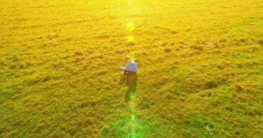 UHD 4k havadan görünümü. Defter pad ile yeşil çim sahasında oturan işadamı üzerinde düşük yörünge uçuş