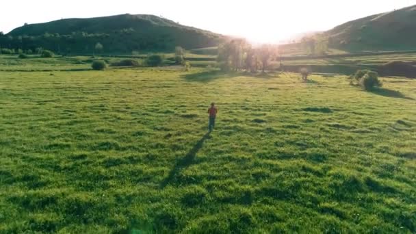 Vuelo sobre el hombre del deporte en el prado de hierba verde perfecto. Puesta de sol en montaña — Vídeo de stock