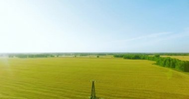 Yüksek voltajlı elektrik kulesi ve yeşil ve sarı alandaki elektrik hatları yakınında dikey hareket.