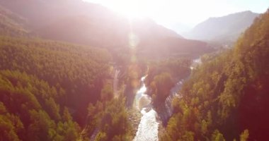 Güneşli yaz sabahında taze dağ nehri ve çayır üzerinde uçuşun ortasında. Aşağıdaki kırsal toprak yol.