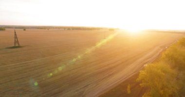 UHD 4K hava görüntüsü. Sarı kırsal alan ve toprak yol üzerinde orta-uçuş