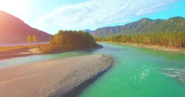 4k UHD hava görüntüsü. Güneşli yaz sabahında taze soğuk dağ nehri üzerinde alçak uçuş. Horisont 'ta yeşil ağaçlar ve güneş ışınları — Stok video