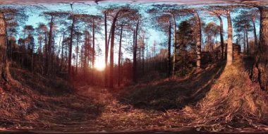 4K 360 VR sonbahar zamanındaki güzel bir dağ manzarasının sanal gerçekliği. Vahşi Sibirya Dağları.