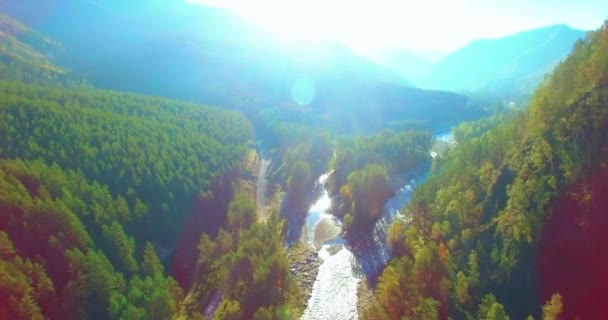 Midden in de lucht vlucht over verse bergrivier en weide op zonnige zomerochtend. Landelijke onverharde weg onder. — Stockvideo