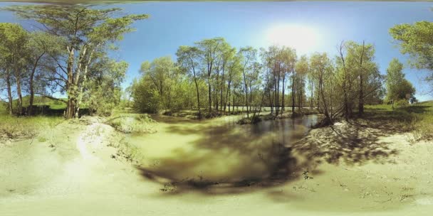 UHD 4K 360 VR La realidad virtual de un río fluye sobre rocas en un hermoso paisaje de bosque de montaña — Vídeo de stock