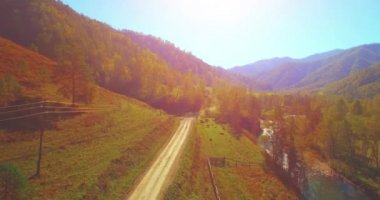 Taze dağ nehir ve çayır güneşli yaz sabahı, orta hava uçuş. Kırsal toprak yol aşağıda. İnek ve araba.
