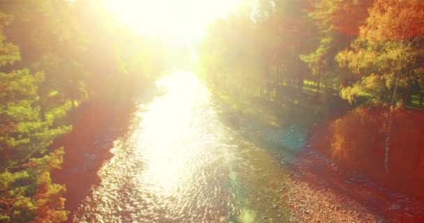 Vue aérienne UHD 4K. Survol d'une rivière de montagne fraîche. Mouvement d'inclinaison vertical à horizontal . — Video